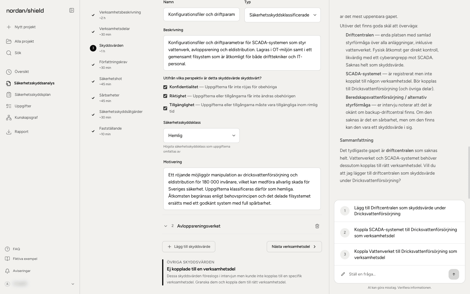 Nordan Shield, skyddsvärden with security classification and AI assessment